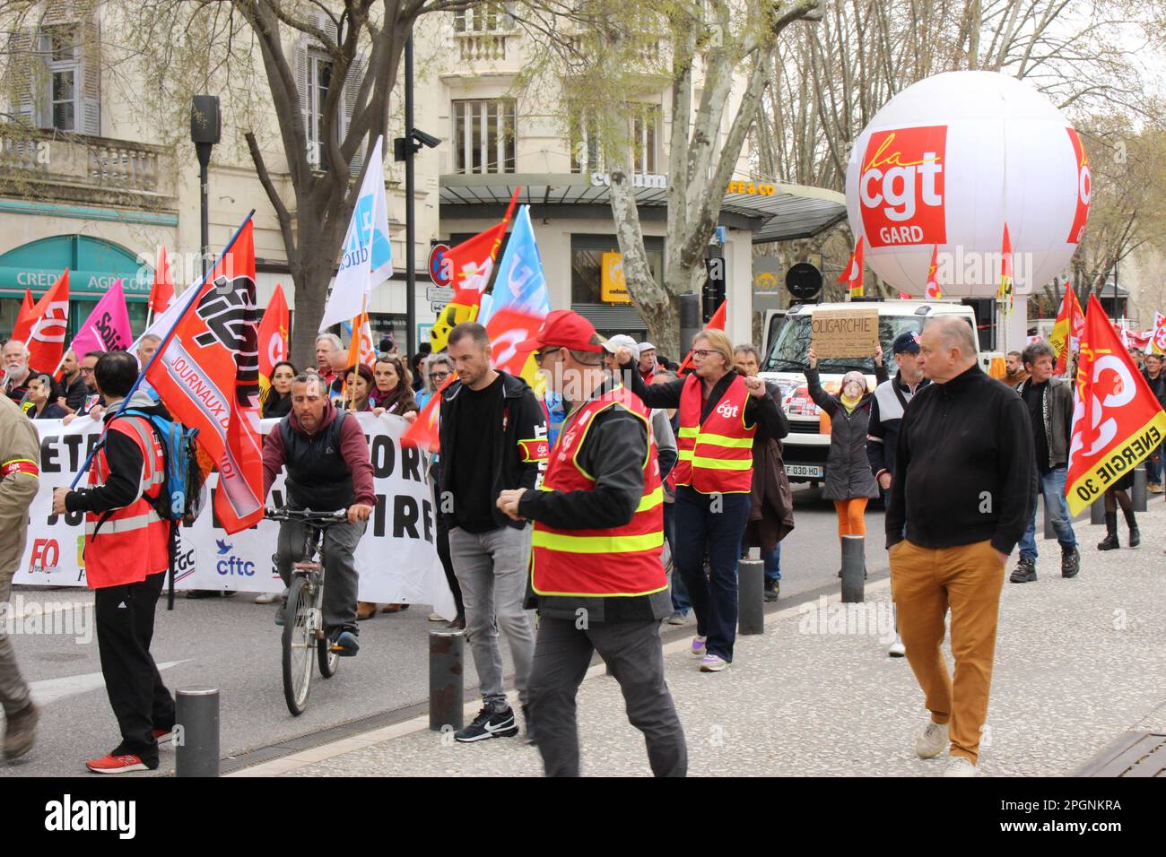 Nimes, France. 23rd Mar, 2023. Protesters against age of retirement increase gathered in Nimes. Stock Photo