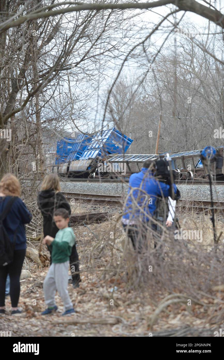 Ayer, Massachusetts, USA. 24th Mar, 2023. Derailed train cars litter