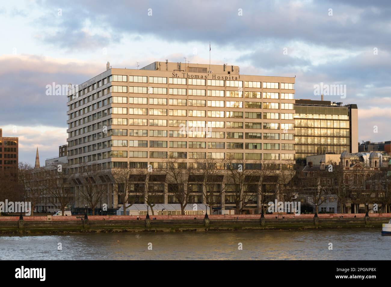 London, UK -February 27, 2023; St Thomas Hospital building on the south bank of River Thames in London borough of Lambeth Stock Photo