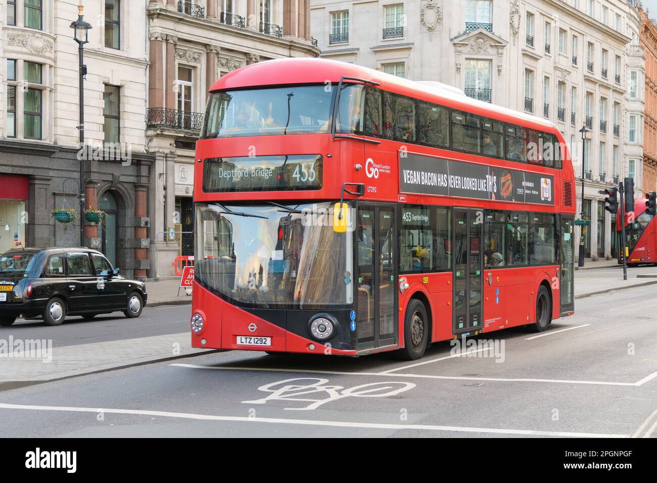 London, UK - February 27 2023; Red New Routemaster double decker bus in Central London on route 453 to Deptford Bridge Stock Photo