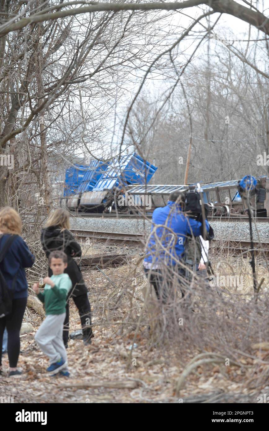 Ayer, Massachusetts, USA. 24th Mar, 2023. Derailed train cars litter