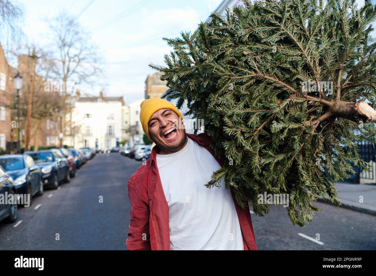 Cheerful man carrying Christmas tree walking on street Stock Photo Alamy