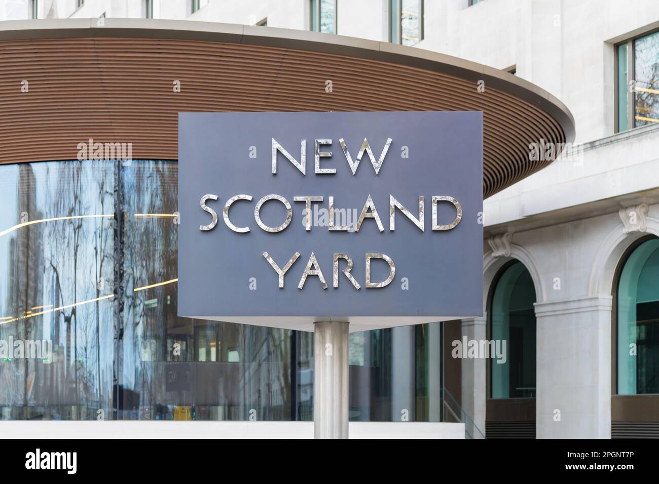 London, UK - March 16, 2023; Sign for New Scotland Yard at London Metropolitan Police Headquarters Stock Photo