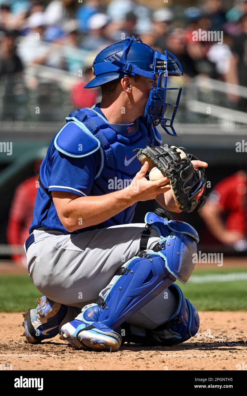 Los Angeles Dodgers' David Peralta leaves his glove and a ball ready for  warmups prior to a spring training baseball game against the Arizona  Diamondbacks Thursday, March 2, 2023, in Phoenix. (AP