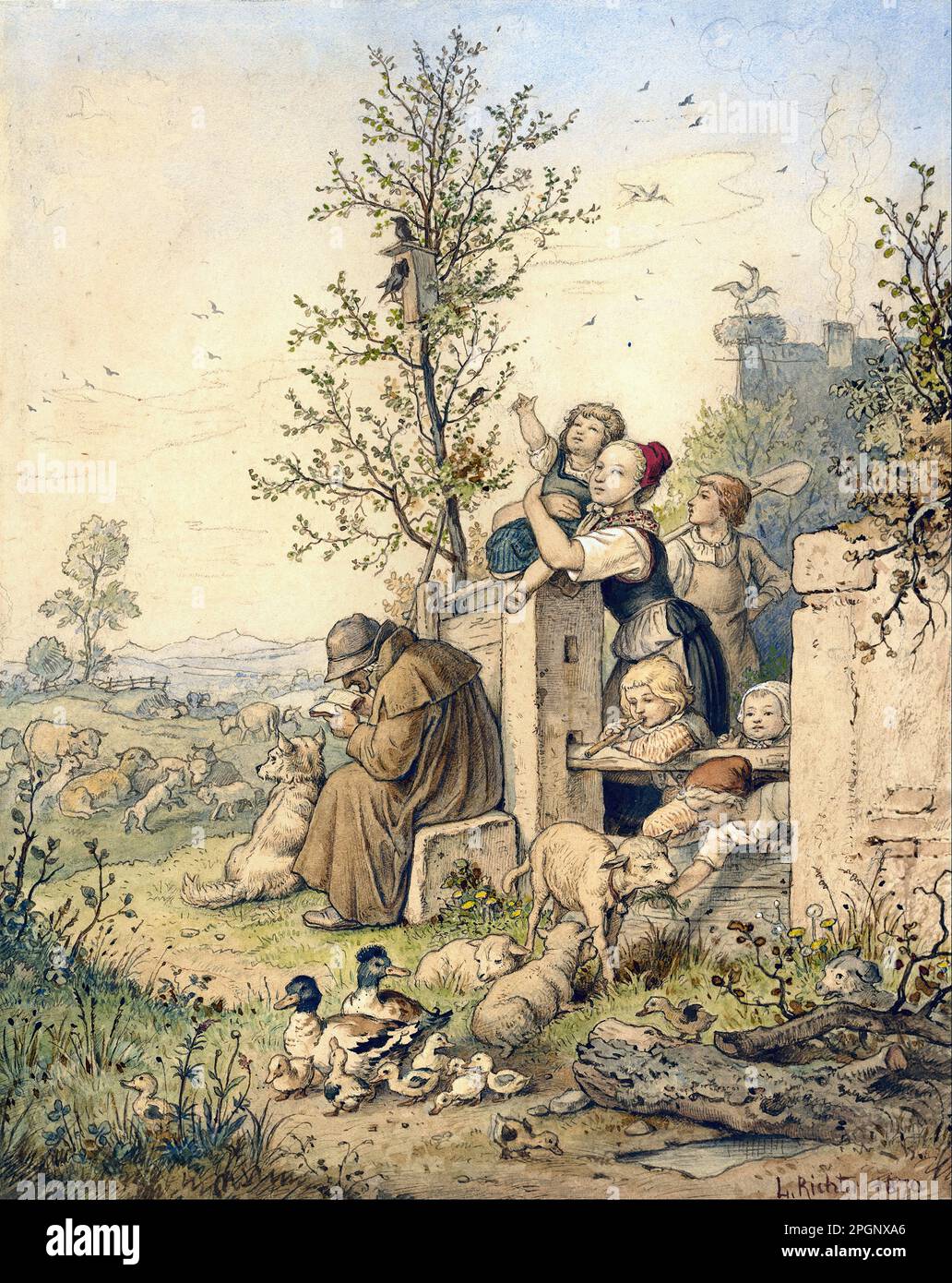 Adrian Ludwig Richter, Spring Has Arrived 1870 Watercolor
