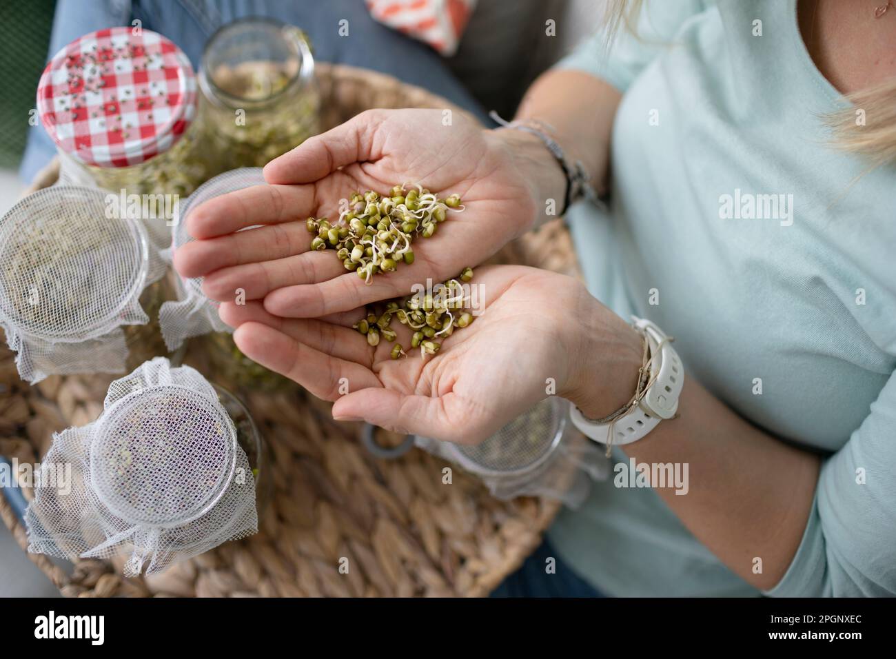 Woman showing bean sprouts at home Stock Photo