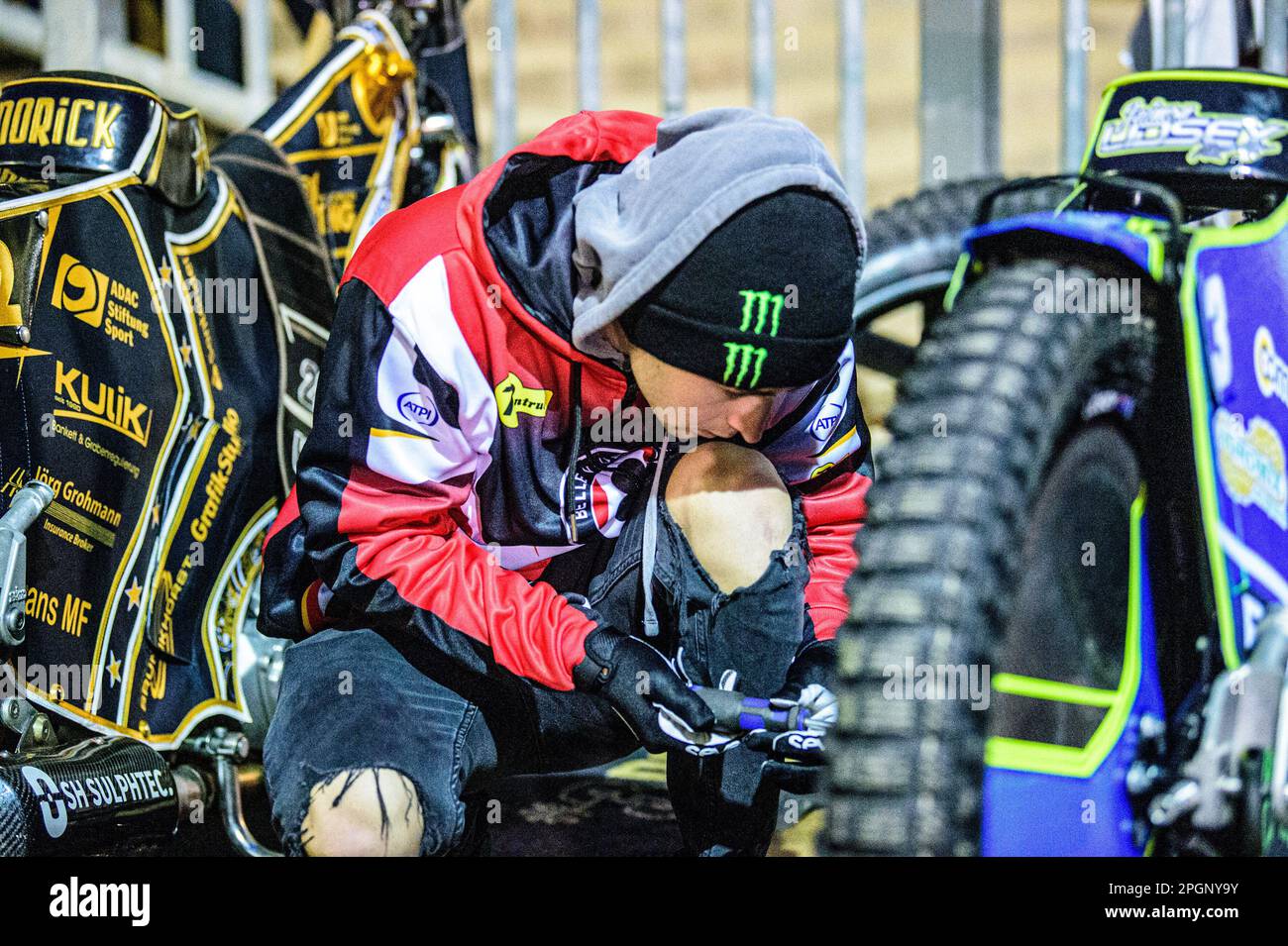 Jaimon Lidsey works on his bike during the Sheffield Tigers vs Belle Vue Aces meeting in the SGP Premiership at Owlerton Stadium, Sheffield on Thursday 23rd March 2023. (Photo: Ian Charles | MI News) Credit: MI News & Sport /Alamy Live News Stock Photo