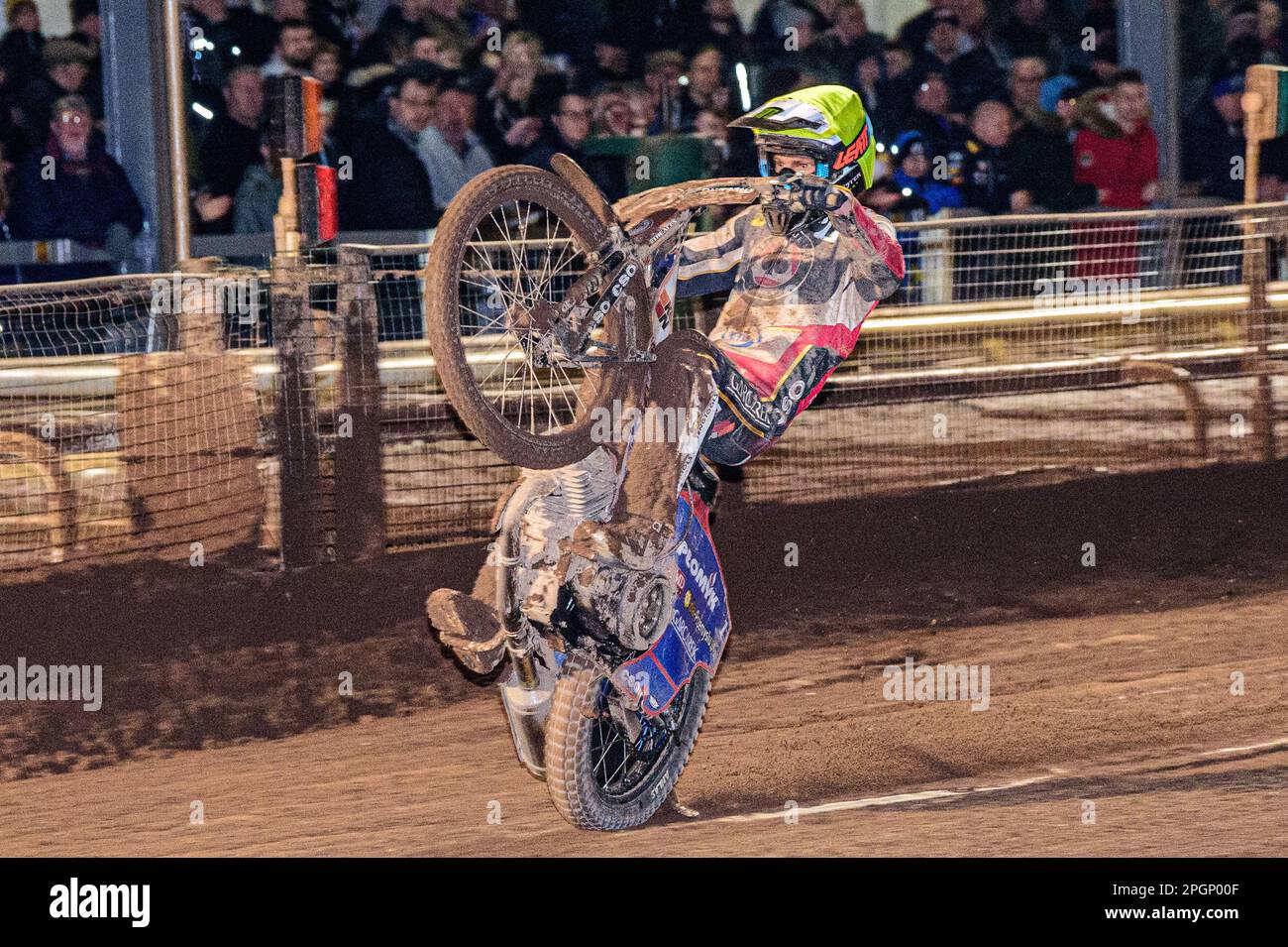 Dan Bewley pulls a wheelie during the Sheffield Tigers vs Belle Vue Aces meeting in the SGP Premiership at Owlerton Stadium, Sheffield on Thursday 23rd March 2023. (Photo: Ian Charles | MI News) Credit: MI News & Sport /Alamy Live News Stock Photo