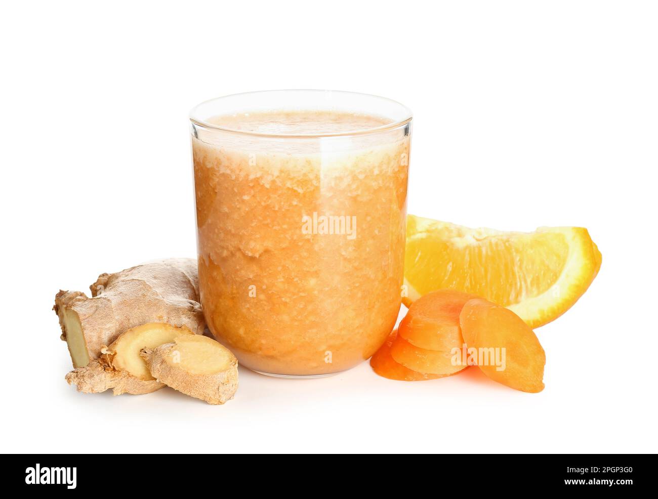 Glass of healthy smoothie and ingredients isolated on white background