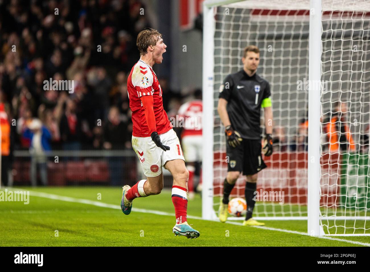 Copenhagen, Denmark. 23rd Mar, 2023. Rasmus Hojlund (11) of Denmark