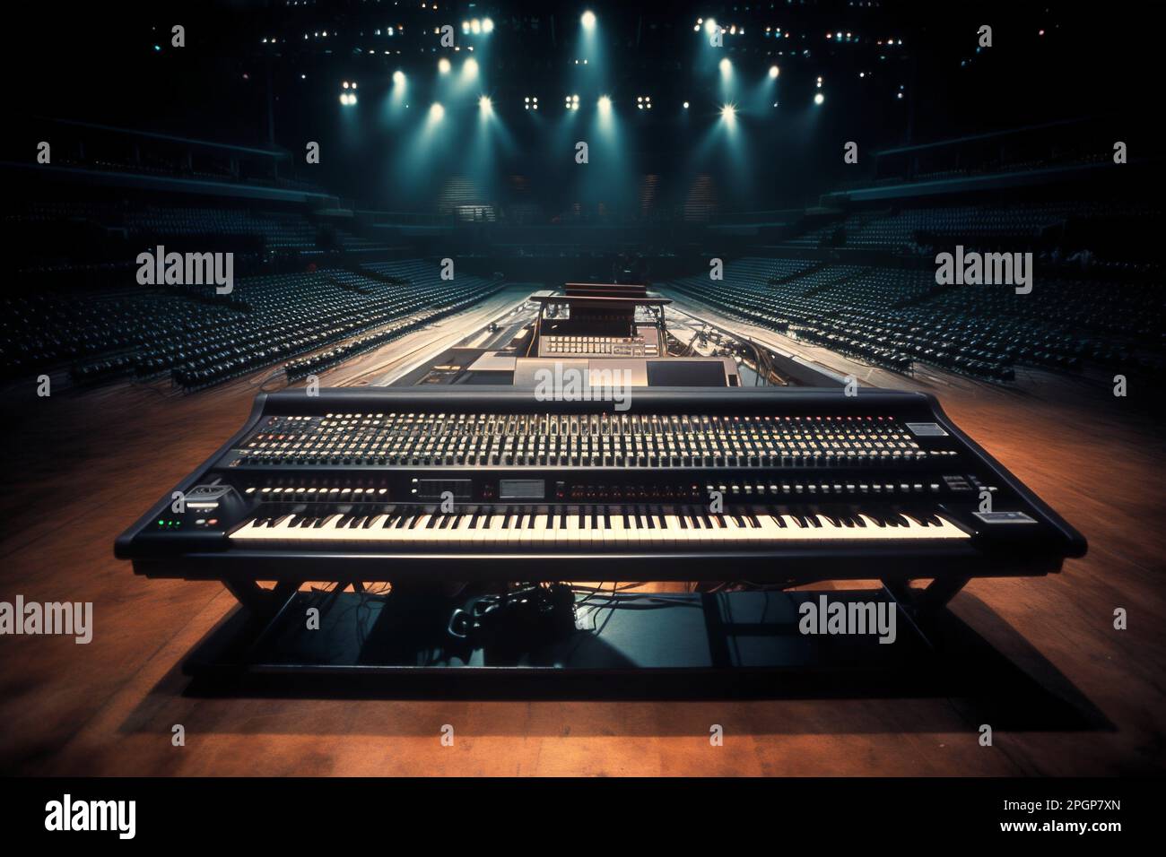 Huge electronic keyboard and synthesizer set on stage. Generative AI