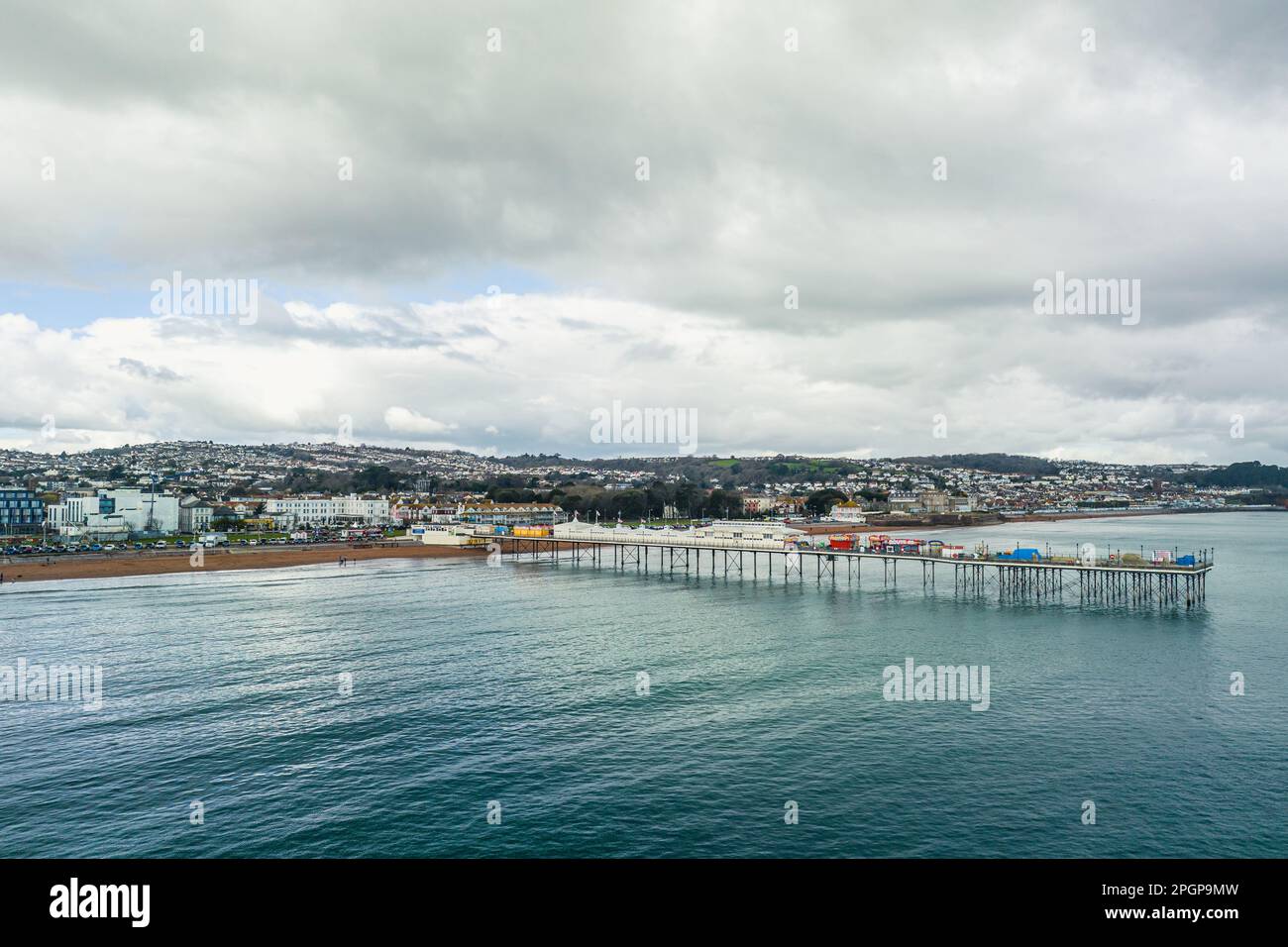 Aerial view of Paignton Pier and Beach from a drone, Paignton, Devon