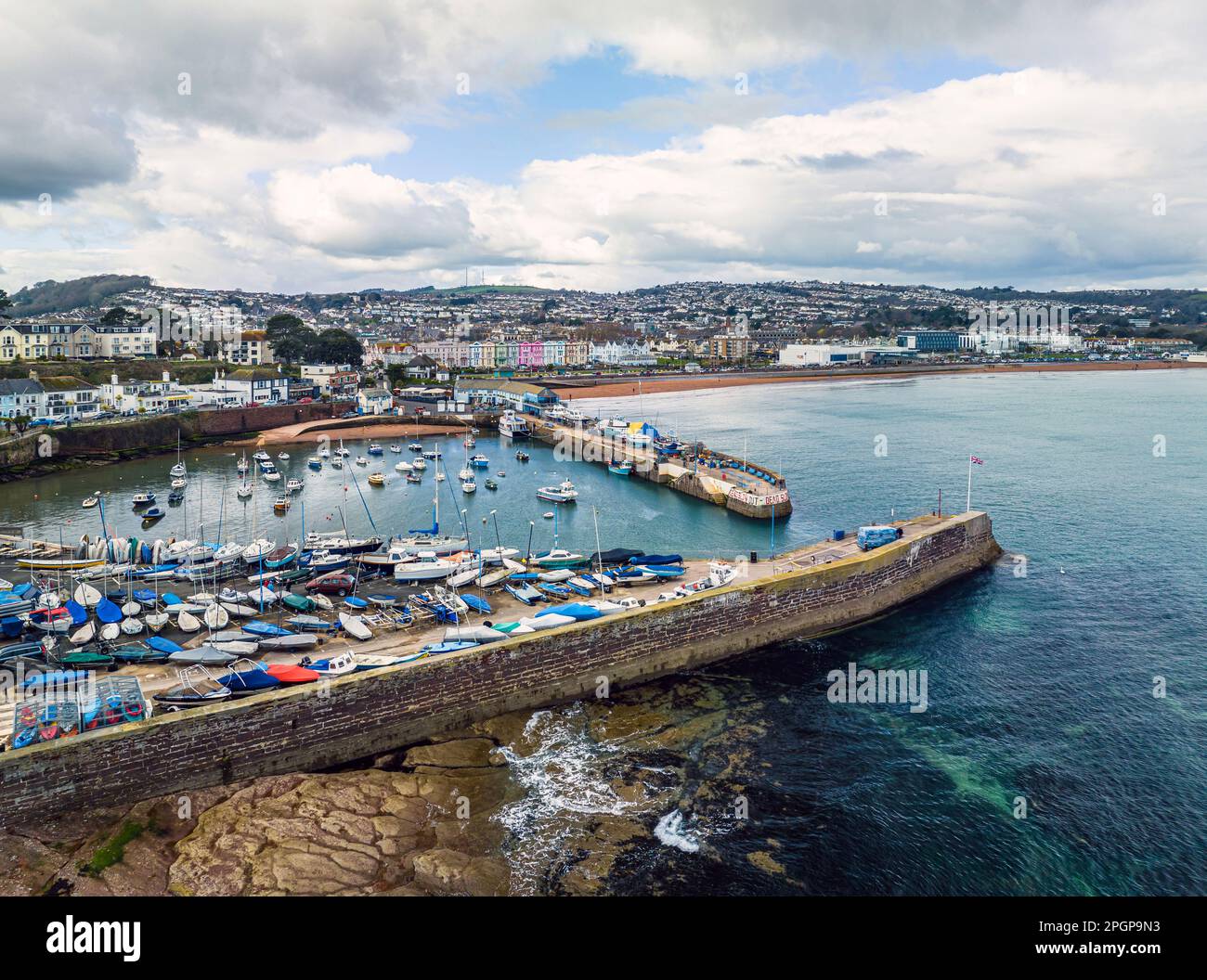 Aerial view of Paignton Harbour and South Quay from a drone, Paignton