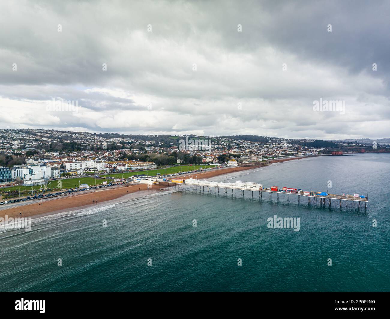 Aerial view of Paignton Pier and Beach from a drone, Paignton, Devon