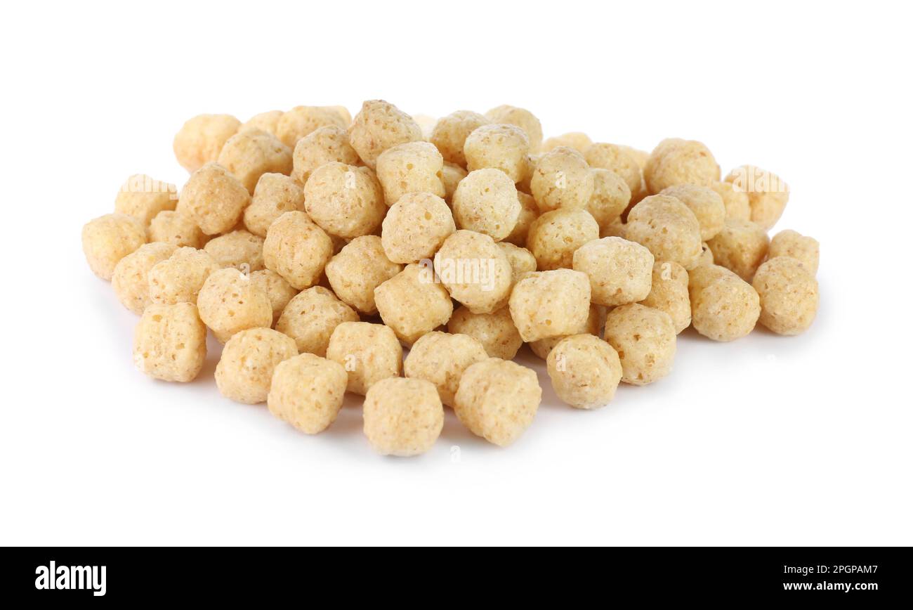 Sweet crispy corn balls on white background. Breakfast cereal Stock