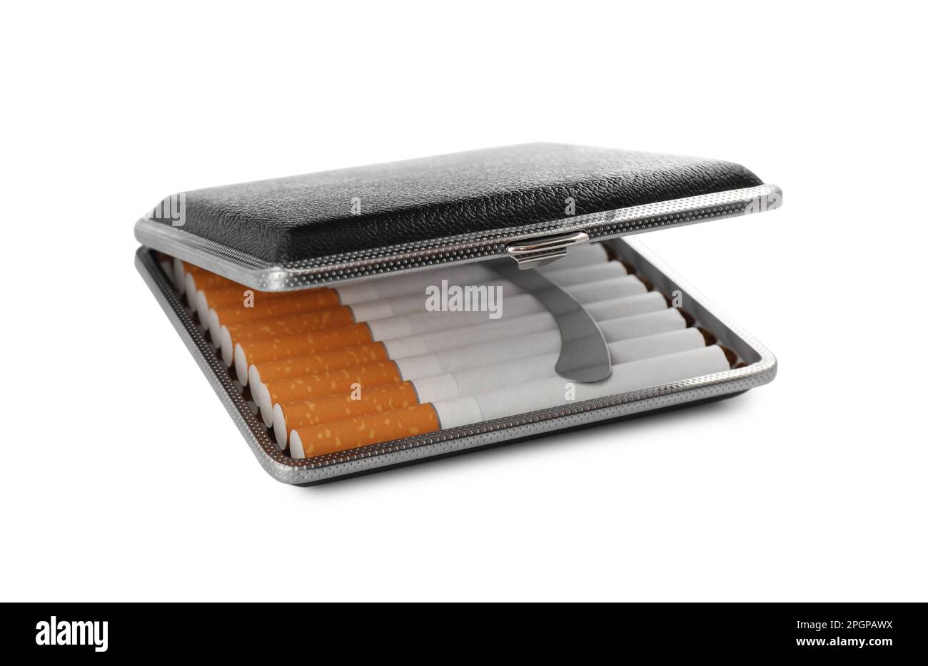 Stylish case with cigarettes isolated on white Stock Photo