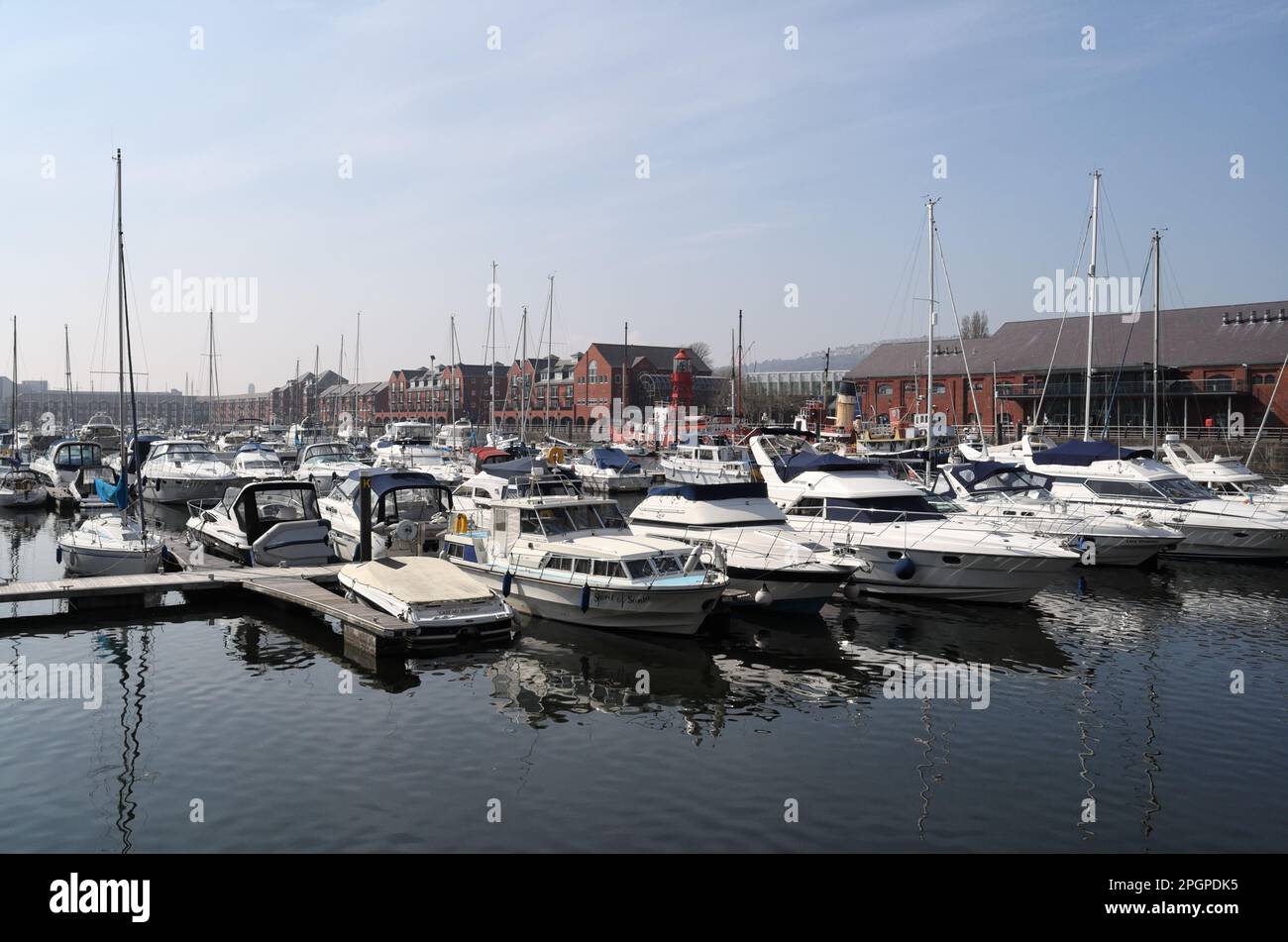 Powerboats moored in Swansea Marina Wales UK Stock Photo