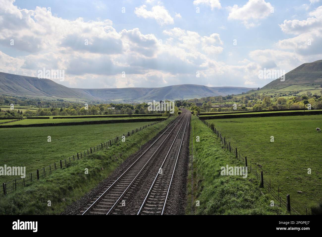 Railway line looking towards Edale in the Peak District National Park Derbyshire England UK. Hope valley line Stock Photo