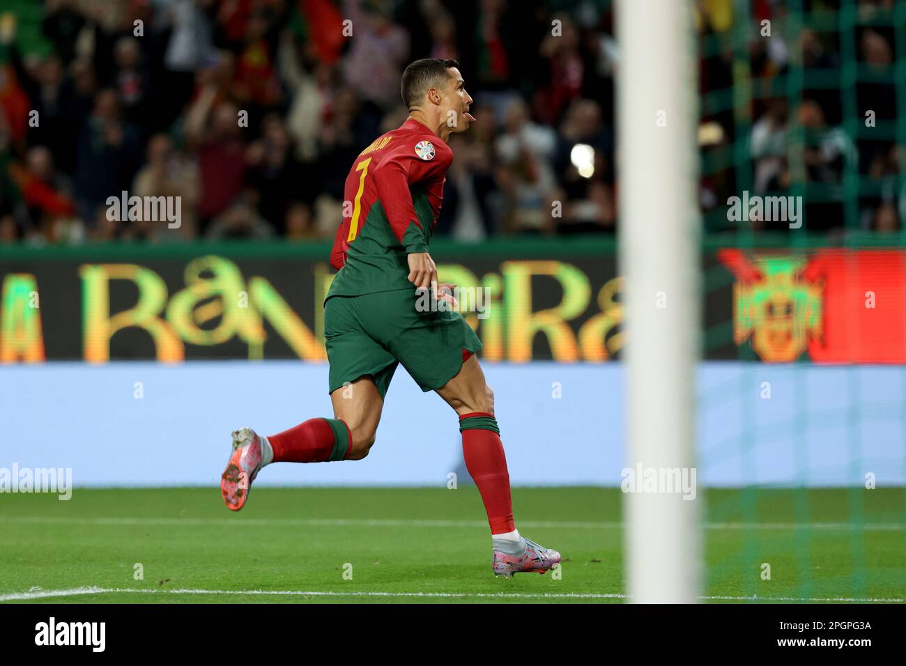 Lisbon, Portugal. 23rd Mar, 2023. Cristiano Ronaldo of Portugal celebrates  after scoring a goal during the UEFA Euro 2024 qualifying round group J  match between Portugal and Liechtenstein at Estadio Jose Alvalade.