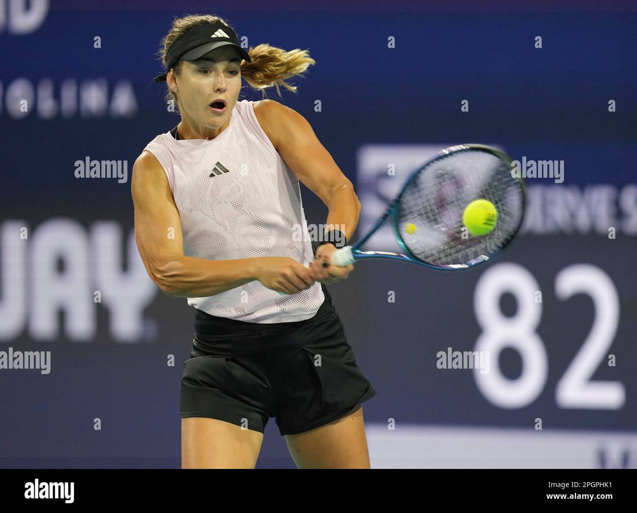 Anna Kalinskaya, of Russia, returns a volley to Elena Rybakina, of