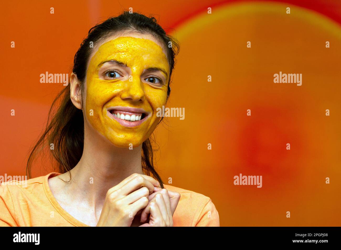 Homemade diy face mask made of turmeric, honey and yoghurt for uneven skin tone, brightening