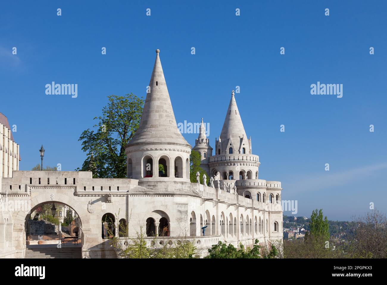 Fishermans Bastion is a terrace in neo-Gothic and neo-Romanesque style, Budapest famous landmark Stock Photo