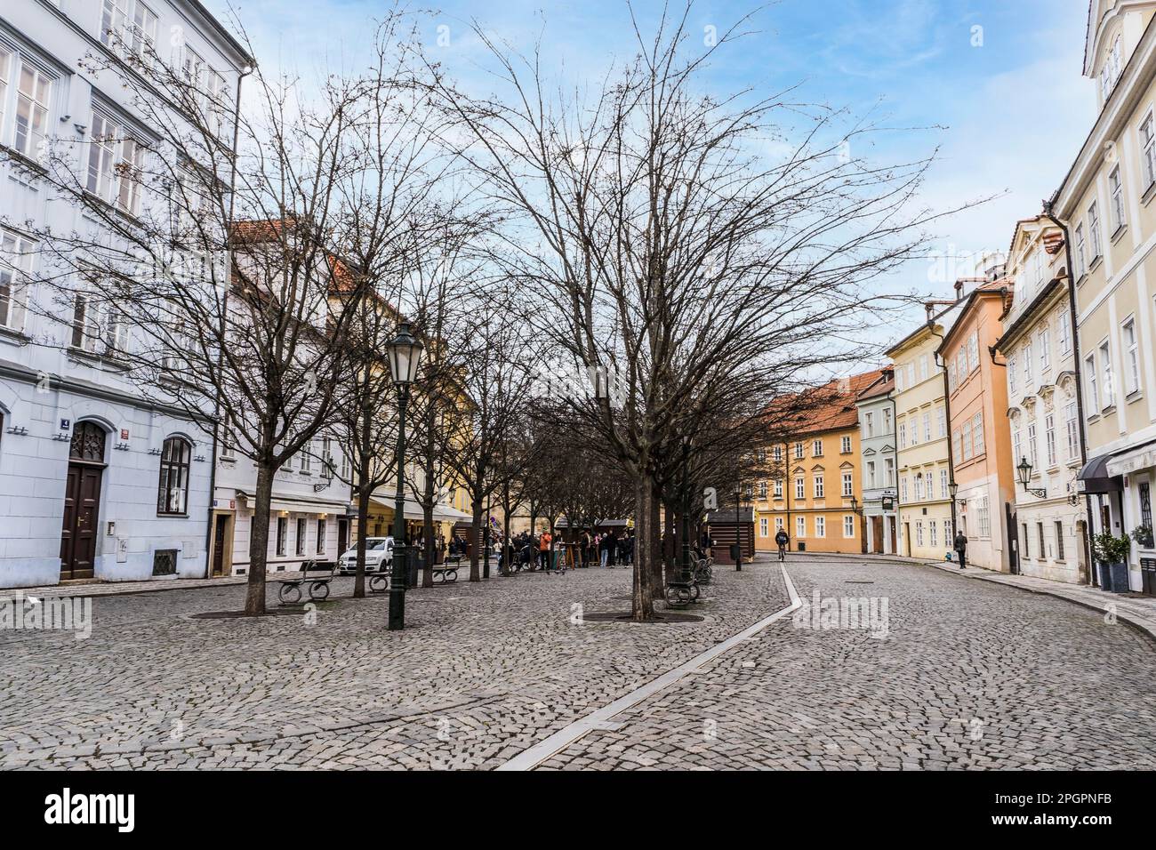 Prague, Czech Republic, February 23, 2023: Na Kampe Square is located at the base of the Charles Bridge on the castle side of the river at Kampa Stock Photo