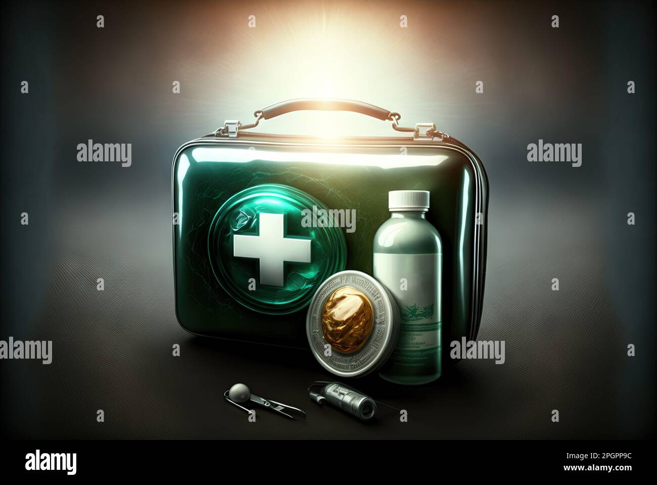 First aid kit with abstract box, medicines and supplies. Emergency health care equipment set