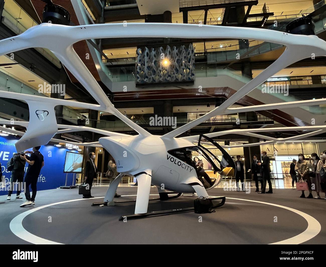 A fullscale model of the Germanmade air taxi "VoloCity" is displayed