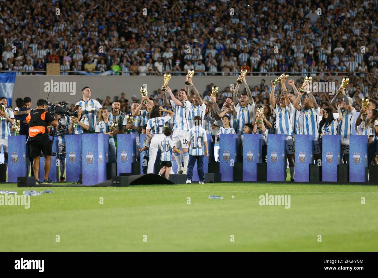 Ciudad Autonoma de Buenos Aires, Argentina, 23, March, 2023. Lionel Messi from Argentina National Team with the Fifa World Cup after the match between Argentina National Team vs. Panamá National Team, friendly match . Credit: Fabideciria. Stock Photo
