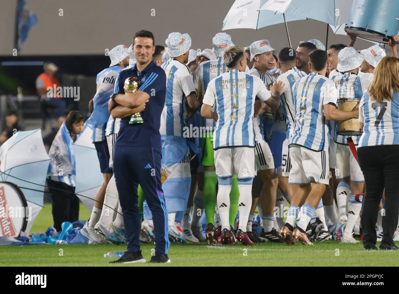 Ciudad Autonoma de Buenos Aires, Argentina, 23, March, 2023. Lionel Scaloni looking the sons of Messi playing after the match between Argentina National Team vs. Panamá National Team, friendly match . Credit: Fabideciria. Stock Photo