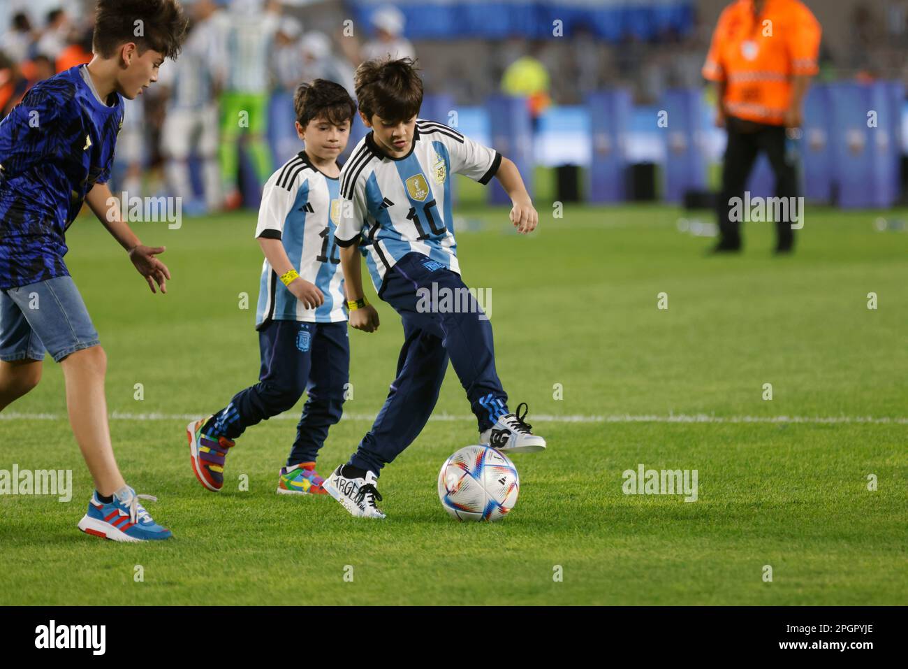 Ciudad Autonoma de Buenos Aires, Argentina, 23, March, 2023. Mateo y Thiago Messi playing after the match between Argentina National Team vs. Panamá National Team, friendly match . Credit: Fabideciria. Stock Photo