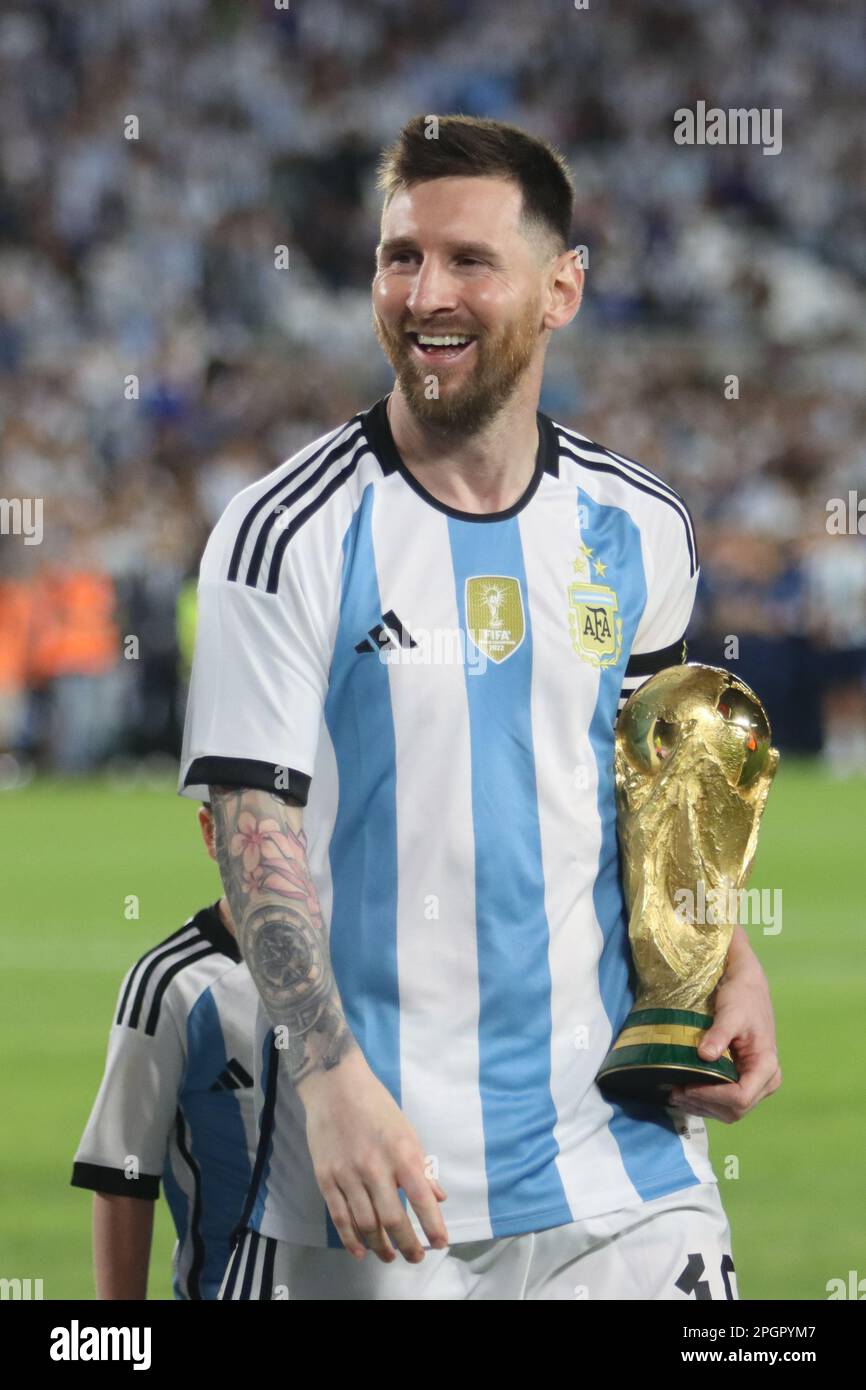 Ciudad Autonoma de Buenos Aires, Argentina, 24, March, 2023. Lionel Messi from Argentina National Team with the Fifa World Cup after the match between Argentina National Team vs. Panamá National Team, friendly match . Credit: Fabideciria. Stock Photo