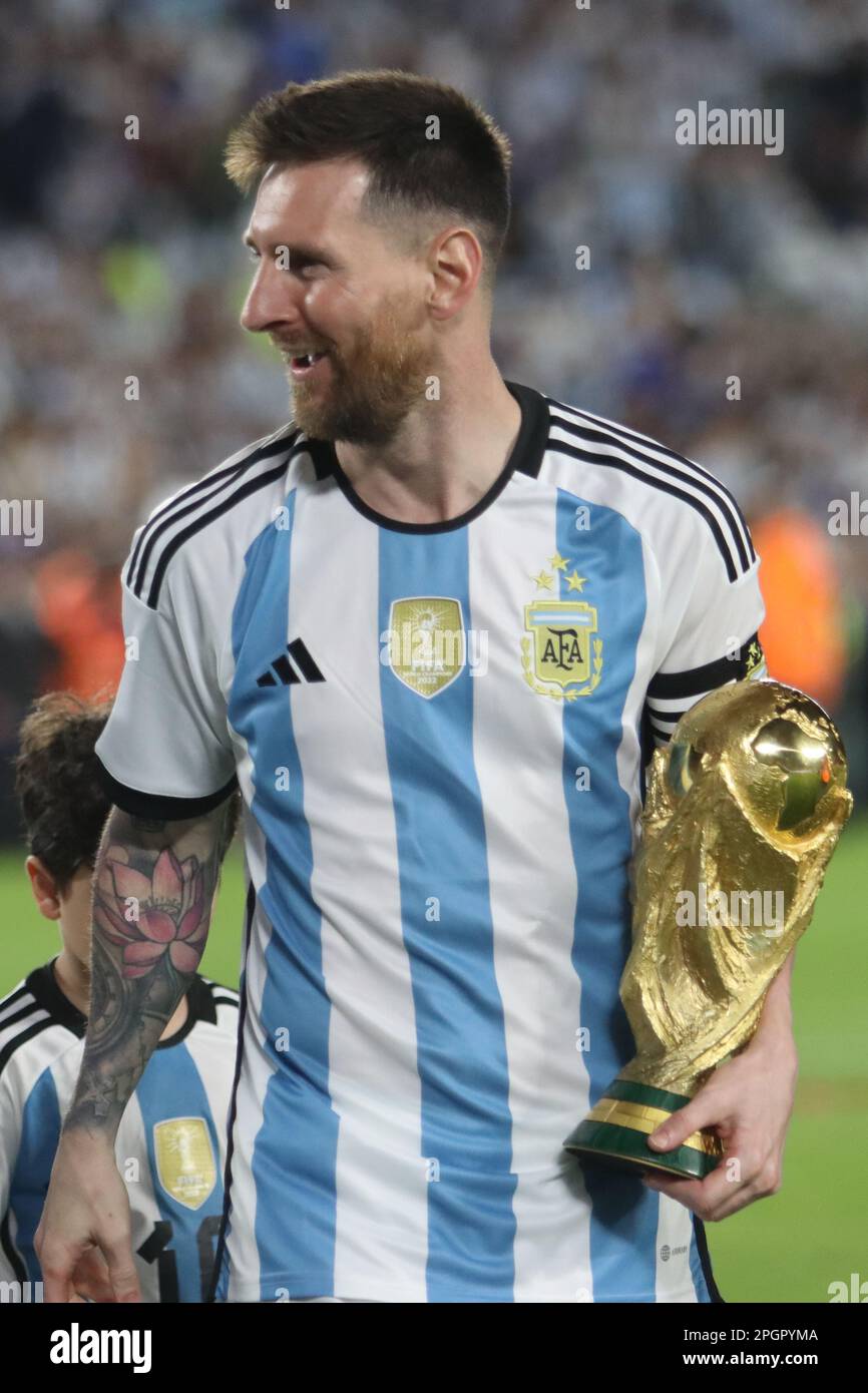 Ciudad Autonoma de Buenos Aires, Argentina, 24, March, 2023. Lionel Messi from Argentina National Team with the Fifa World Cup after the match between Argentina National Team vs. Panamá National Team, friendly match . Credit: Fabideciria. Stock Photo