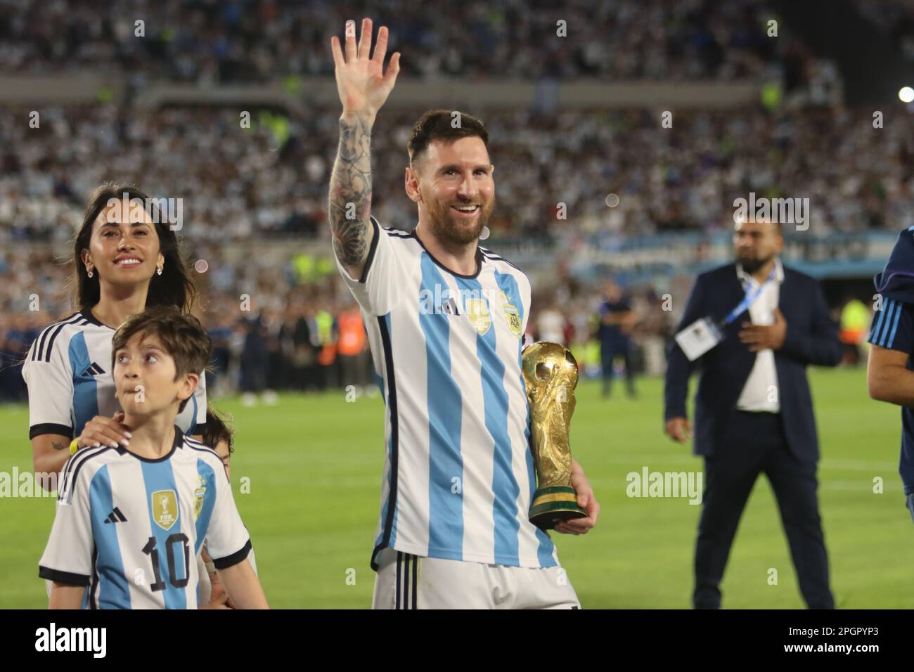 Ciudad Autonoma de Buenos Aires, Argentina, 24, March, 2023. Lionel Messi from Argentina National Team with the Fifa World Cup after the match between Argentina National Team vs. Panamá National Team, friendly match . Credit: Fabideciria. Stock Photo