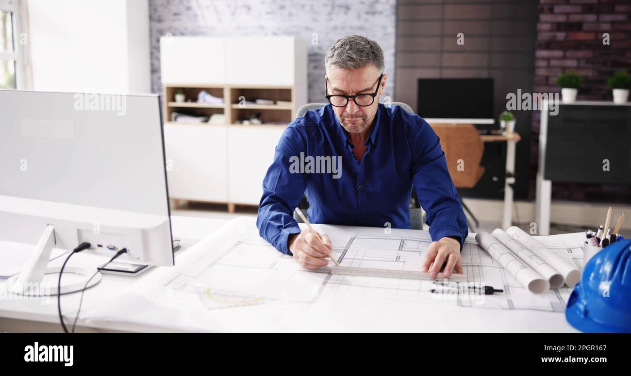 Architect Engineer Drawing Architectural Construction Plan In Office Stock Photo