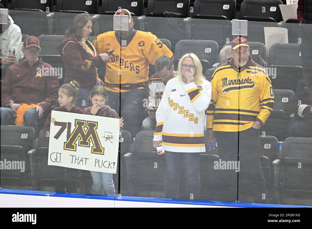 Fargo, ND on Thursday, March 23, 2023. Minnesota Gopher fans prepare to watch a game at the West Regional of the NCAA men's hockey tournament between the Canisius College Golden Griffins and the University of Minnesota Golden Gophers at Scheels Arena in Fargo, ND on Thursday, March 23, 2023. Minnesota won 9-2. By Russell Hons/CSM Stock Photo