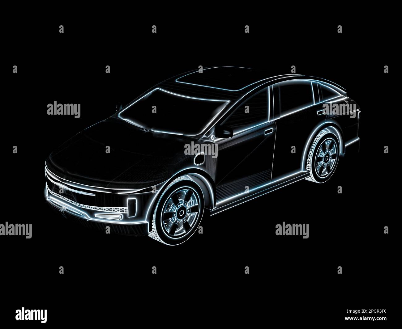 3d rendering outline ev car or x-ray electric vehicle on black ...