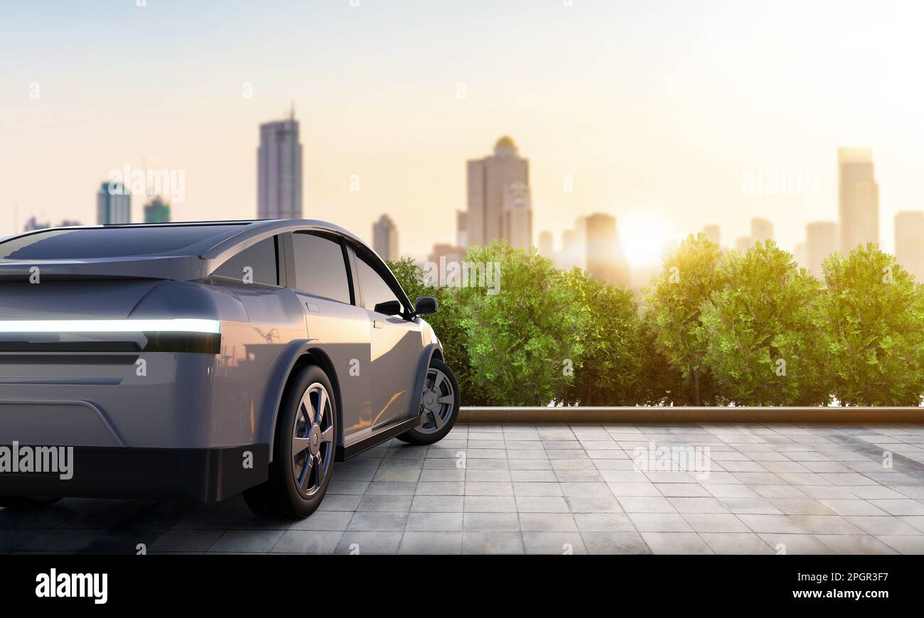 3d rendering rear view ev car or electric vehicle park in town with ...