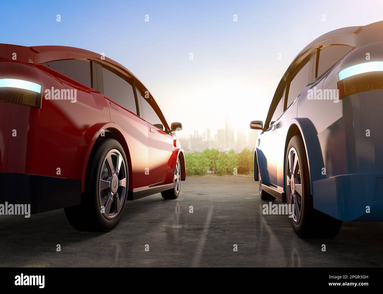 3d rendering rear view ev car or electric vehicle park in town with ...