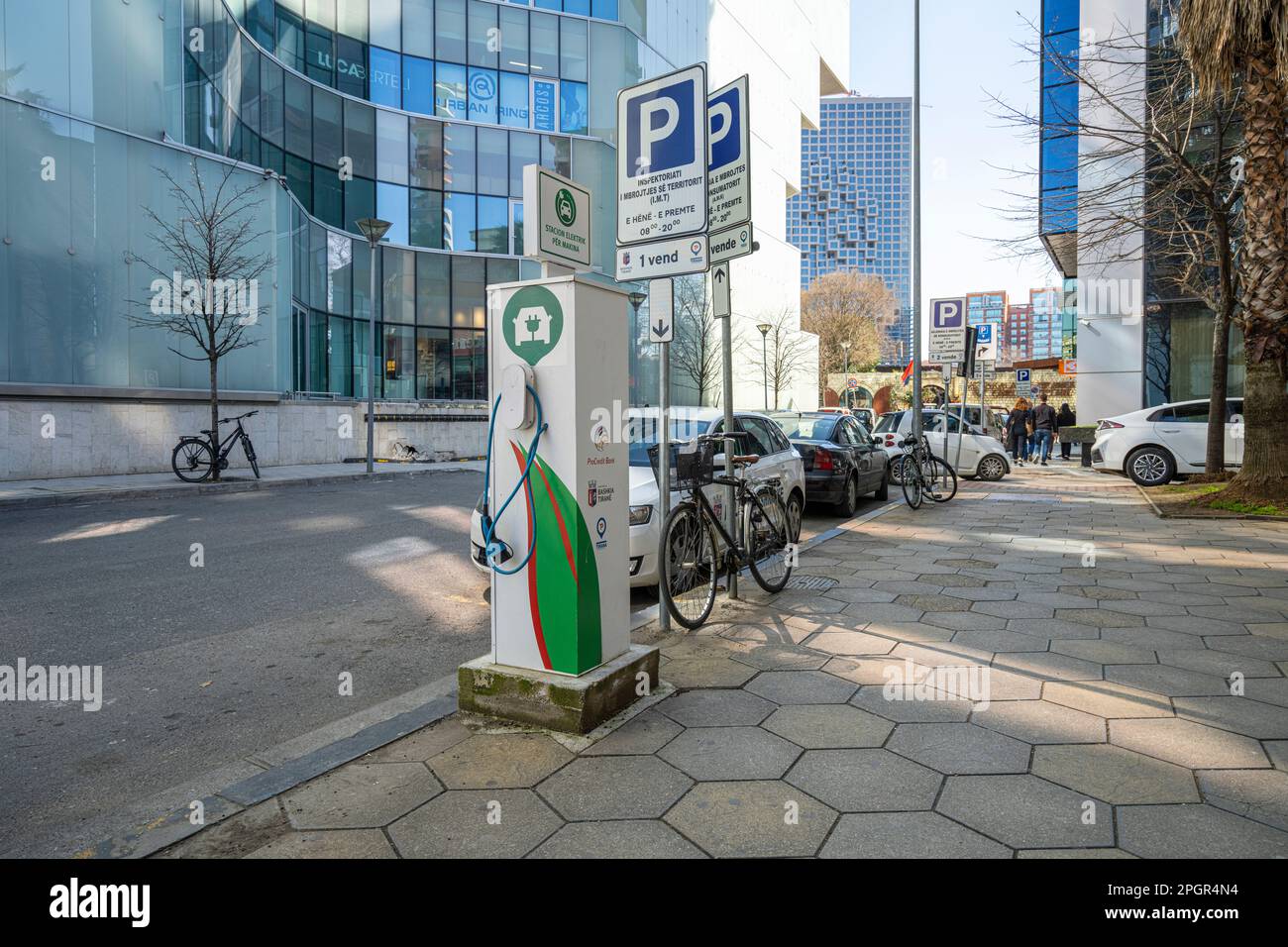 Tirana, Albania. March 2023.   A power station for recharging electric vehicles on a street in the city centre Stock Photo