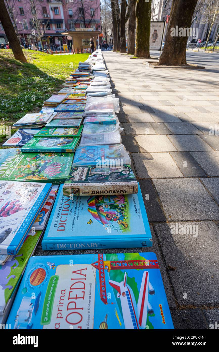 Tirana, Albania. March 2023.   a used book seller along the sidewalk in the city centre Stock Photo