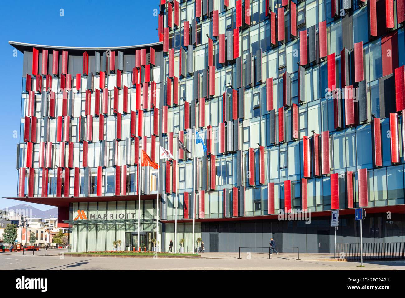 Tirana, Albania. March 2023.  Exterior view of the Mariott hotel in the city center Stock Photo