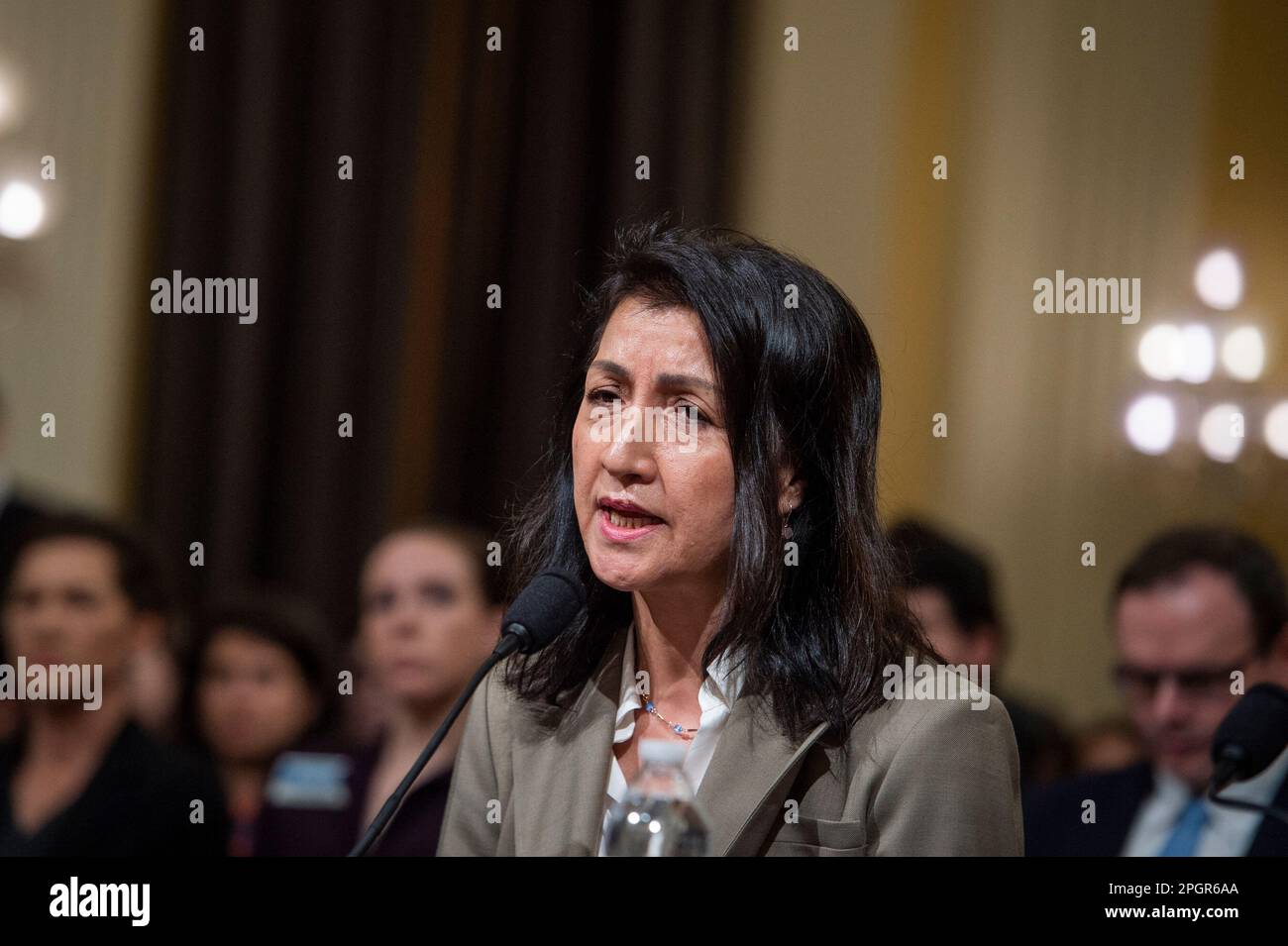 Washington, United States. 23rd Mar, 2023. Gulbahar Haitiwaji, concentration camp survivor and author, “How I Survived a Chinese “Reeducation” Camp: A Uyghur Woman's Story” responds to questions during a House Select Committee on the Strategic Competition Between the United States and the Chinese Communist Party hearing 'The Chinese Communist Party's Ongoing Uyghur Genocide' in the Cannon House Office Building in Washington, DC, USA, Thursday, March 23, 2023. Photo by Rod Lamkey/CNP/ABACAPRESS.COM Credit: Abaca Press/Alamy Live News Stock Photo