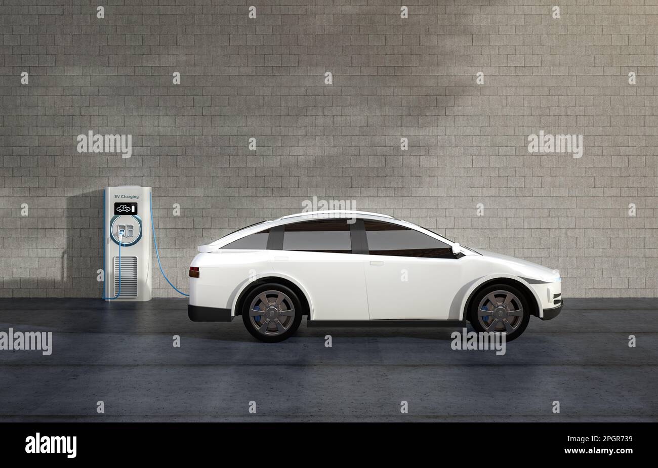 3d rendering white ev car or electric vehicle plug in with recharging station at home Stock