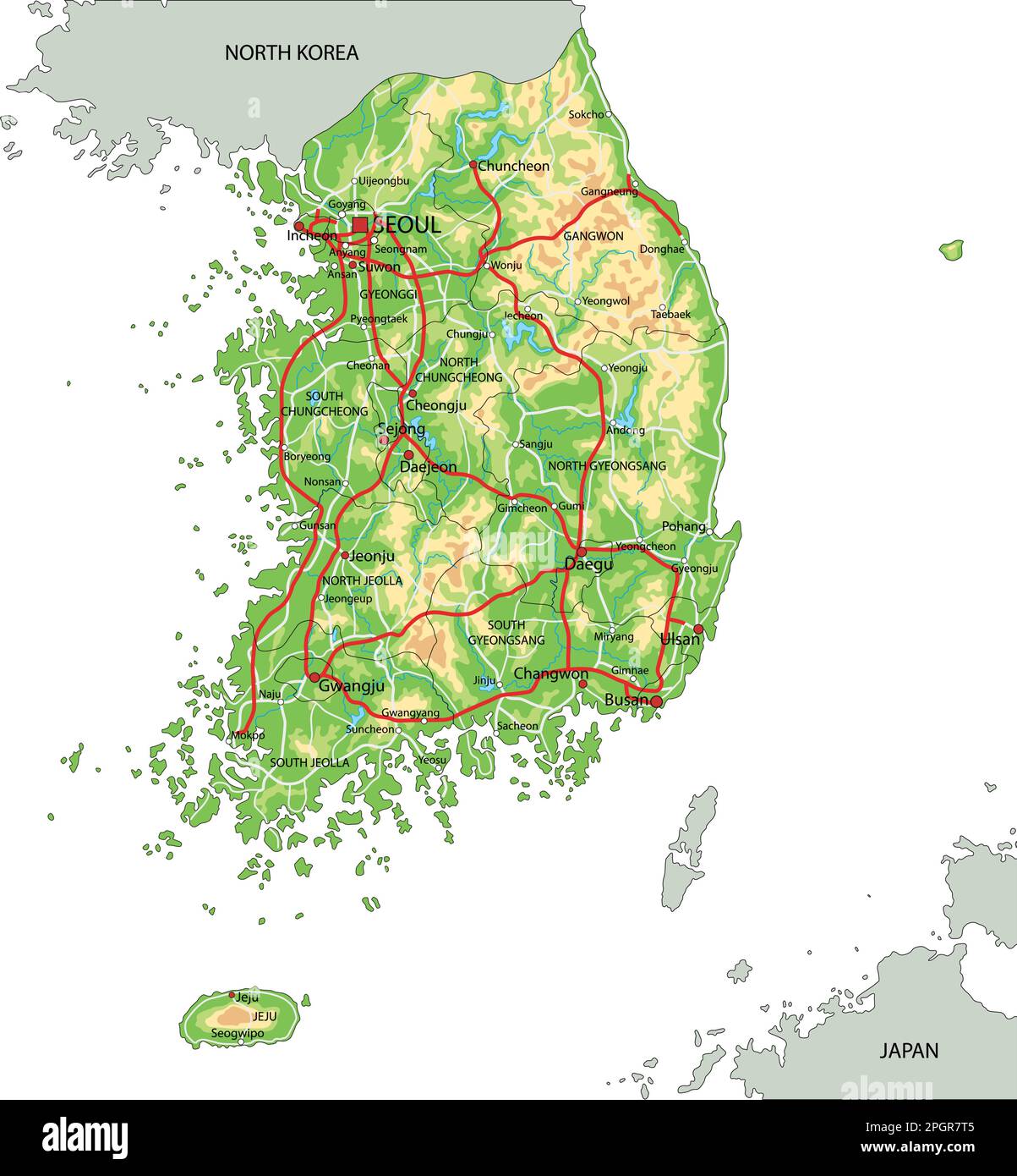 Highly detailed South Korea physical map with labeling Stock Vector Image & Art - Alamy