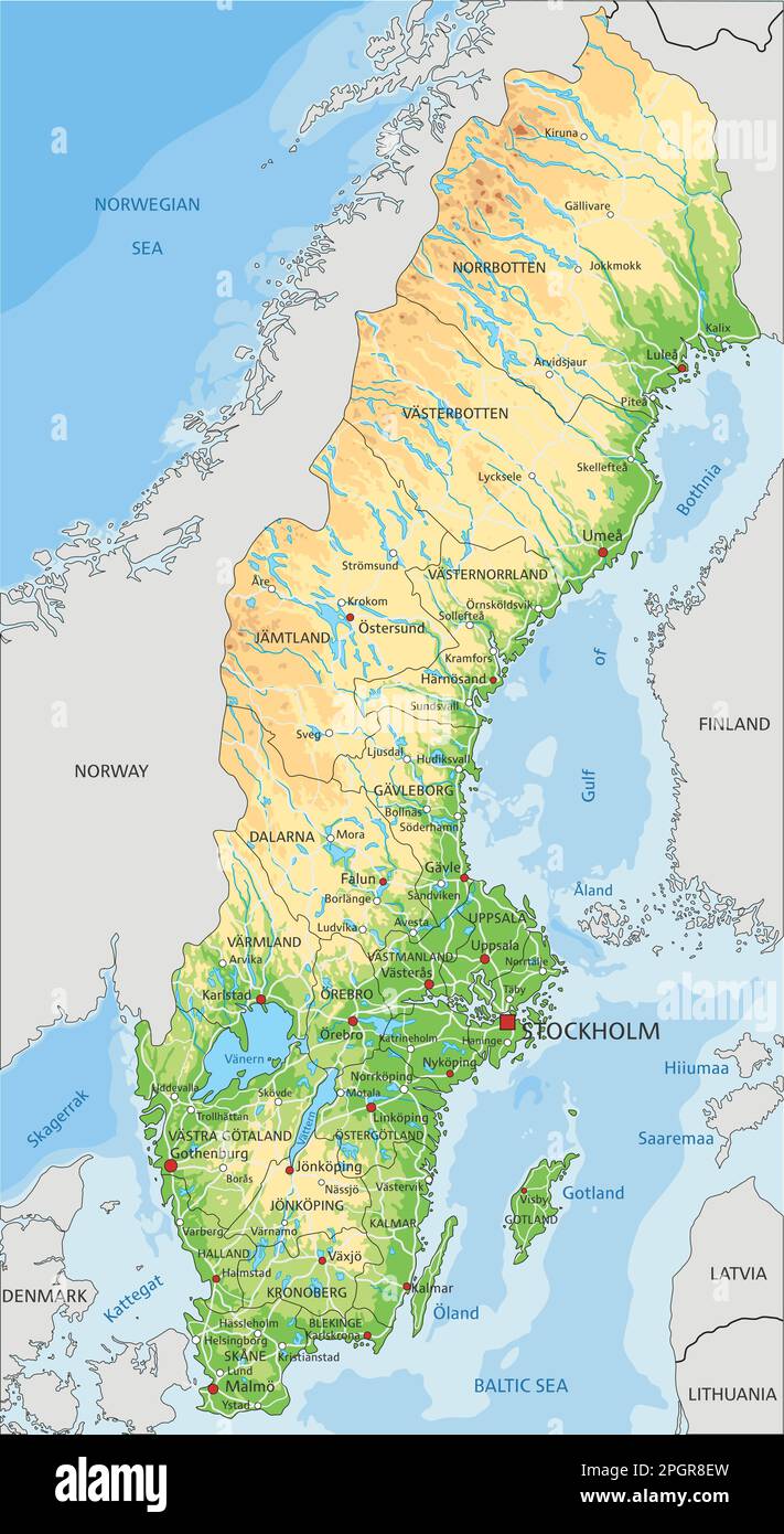 High detailed Sweden physical map with labeling Stock Vector Image