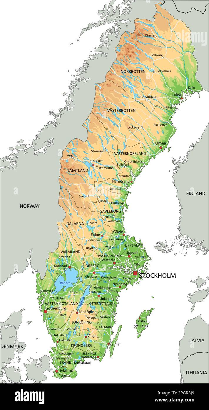 High detailed Sweden physical map with labeling Stock Vector Image
