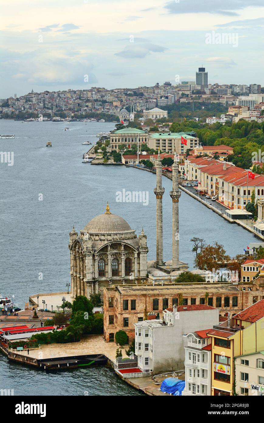 Ortakoy Mecidiye Mosque and Ciragan Palace and Istanbul view aerial view Stock Photo