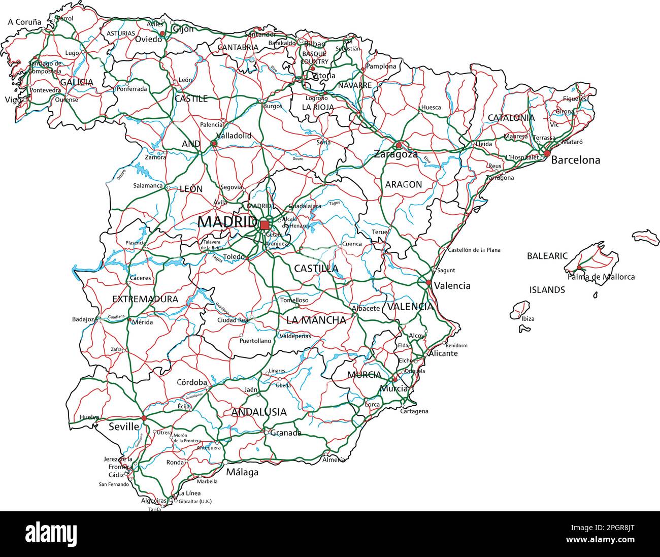 High detailed Spain road map with labeling. Stock Vector